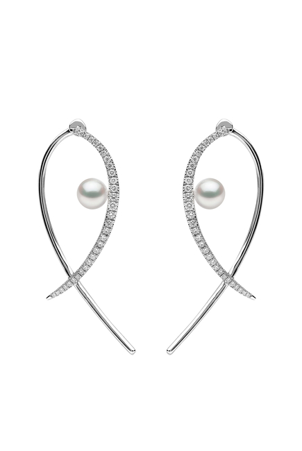 Sleek Earrings, 18k White Gold with Diamond & Pearl
